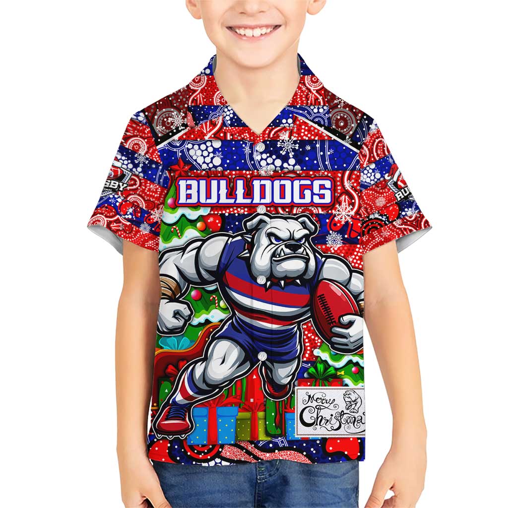 Custom Bulldogs Football Merry Christmas Family Matching Short Sleeve Bodycon Dress and Hawaiian Shirt Indigenous Australian Art