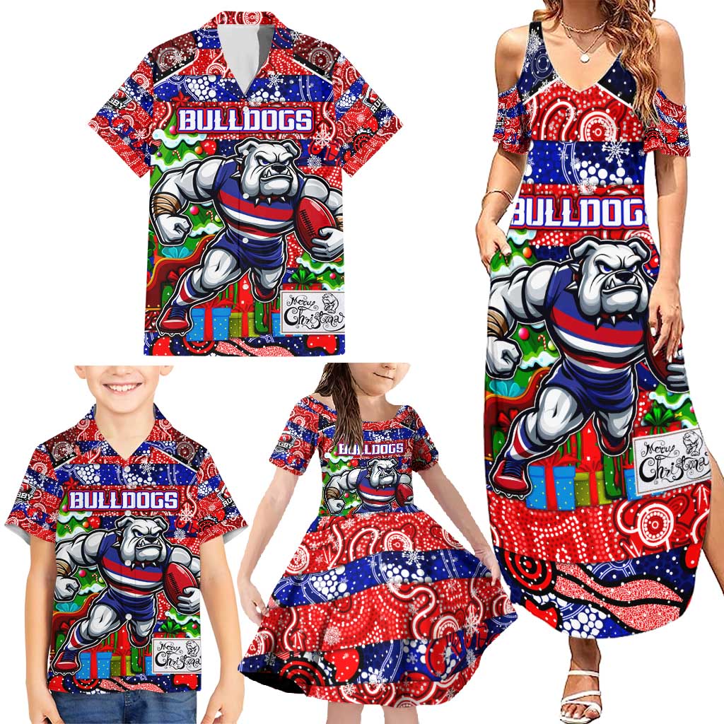 Custom Bulldogs Football Merry Christmas Family Matching Summer Maxi Dress and Hawaiian Shirt Indigenous Australian Art