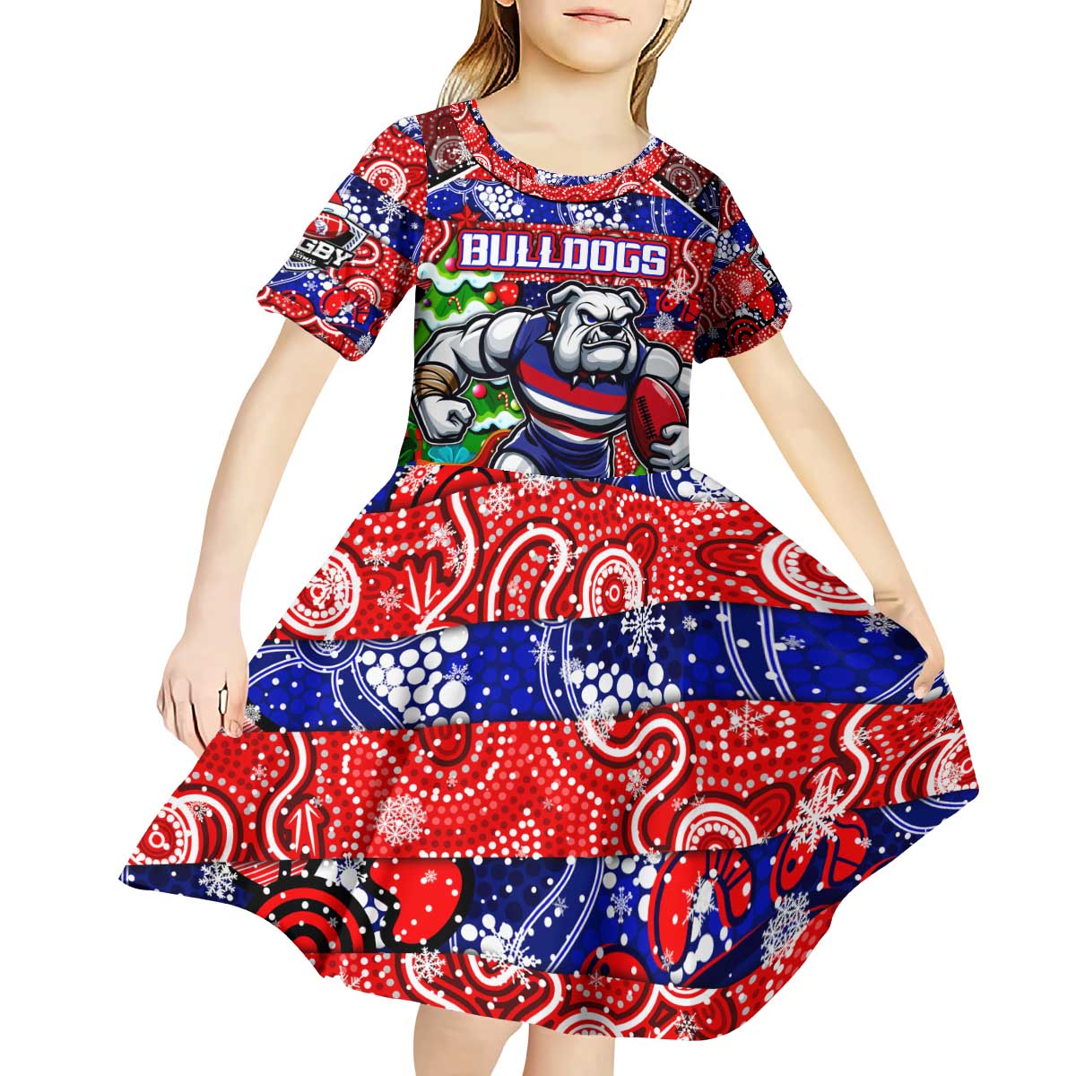 Custom Bulldogs Football Merry Christmas Kid Short Sleeve Dress Indigenous Australian Art - Vibe Hoodie Shop