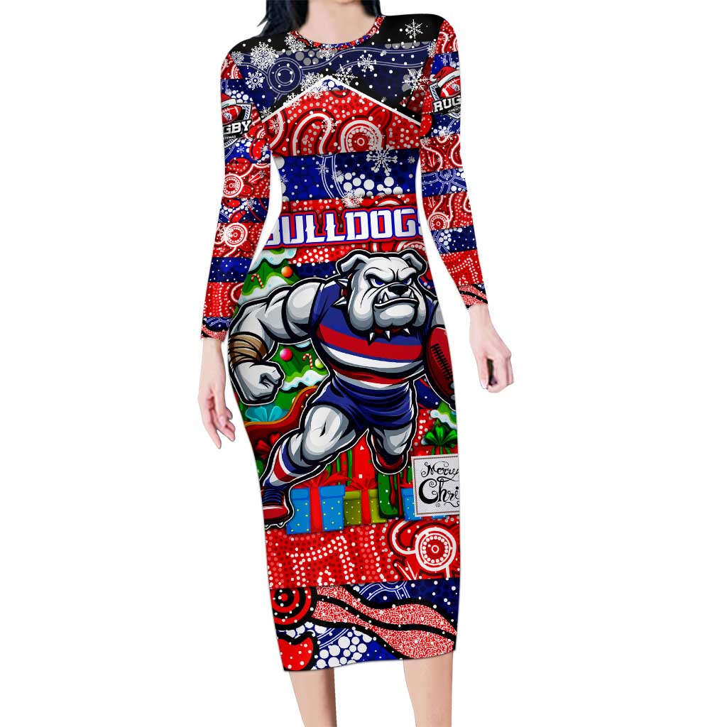 Custom Bulldogs Football Merry Christmas Long Sleeve Bodycon Dress Indigenous Australian Art