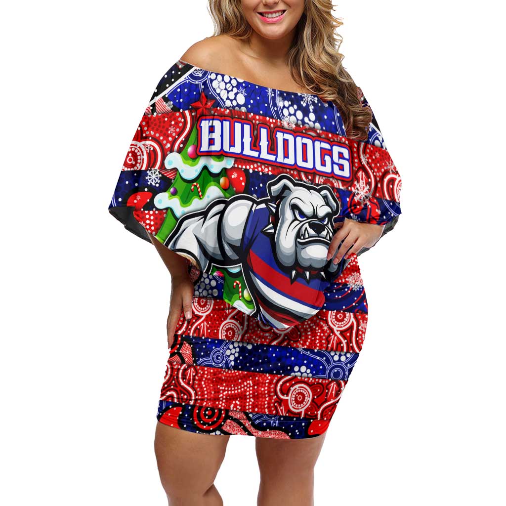 Custom Bulldogs Football Merry Christmas Off Shoulder Short Dress Indigenous Australian Art
