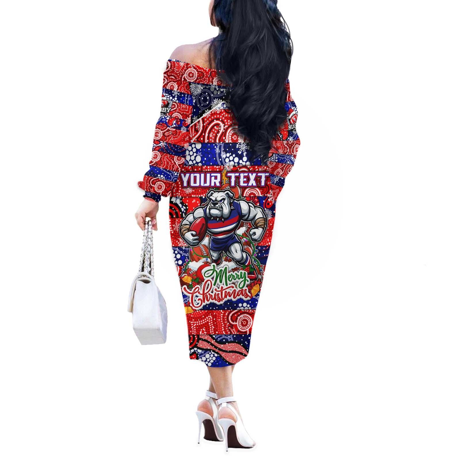 Custom Bulldogs Football Merry Christmas Off The Shoulder Long Sleeve Dress Indigenous Australian Art