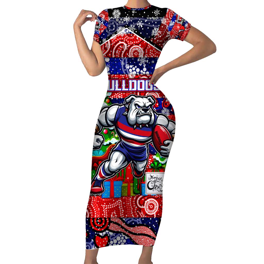 Custom Bulldogs Football Merry Christmas Short Sleeve Bodycon Dress Indigenous Australian Art