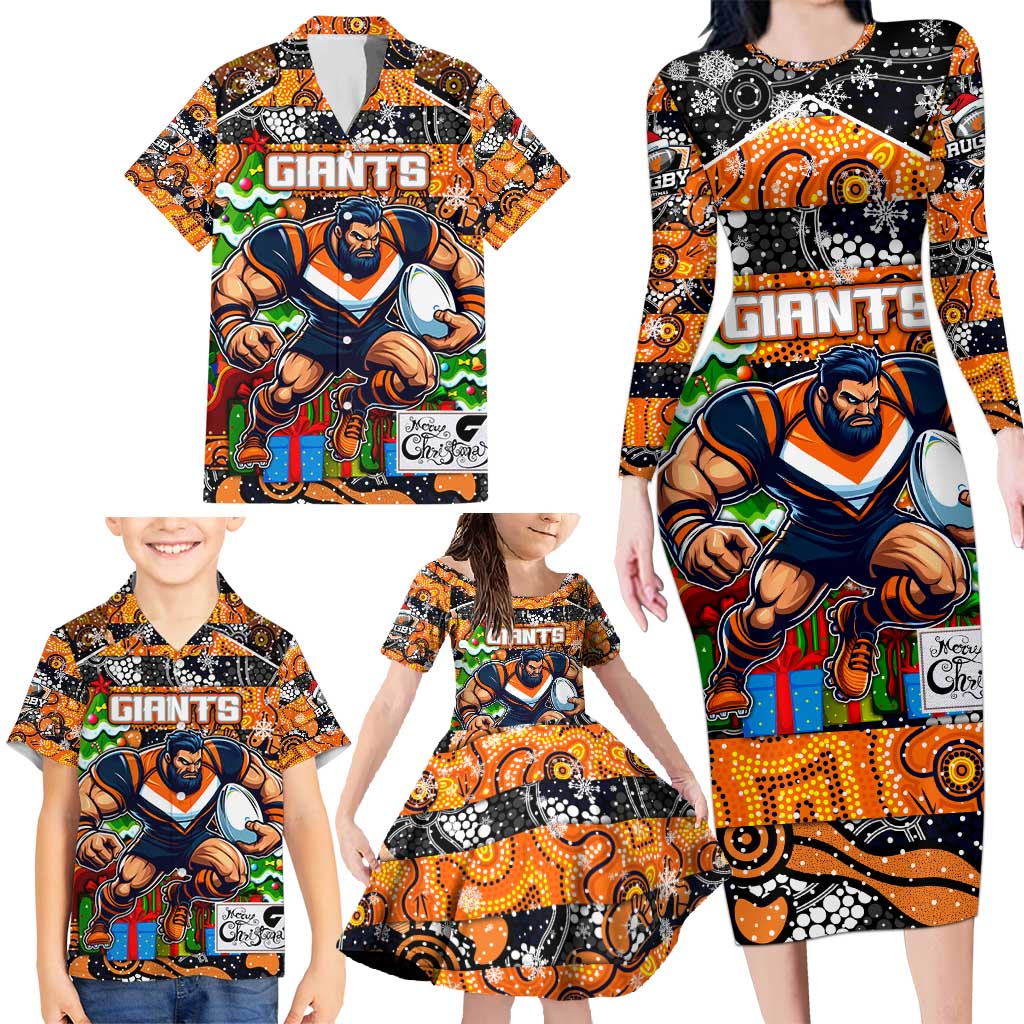 Custom Giants Rugby Merry Christmas Family Matching Long Sleeve Bodycon Dress and Hawaiian Shirt Indigenous Australian Art