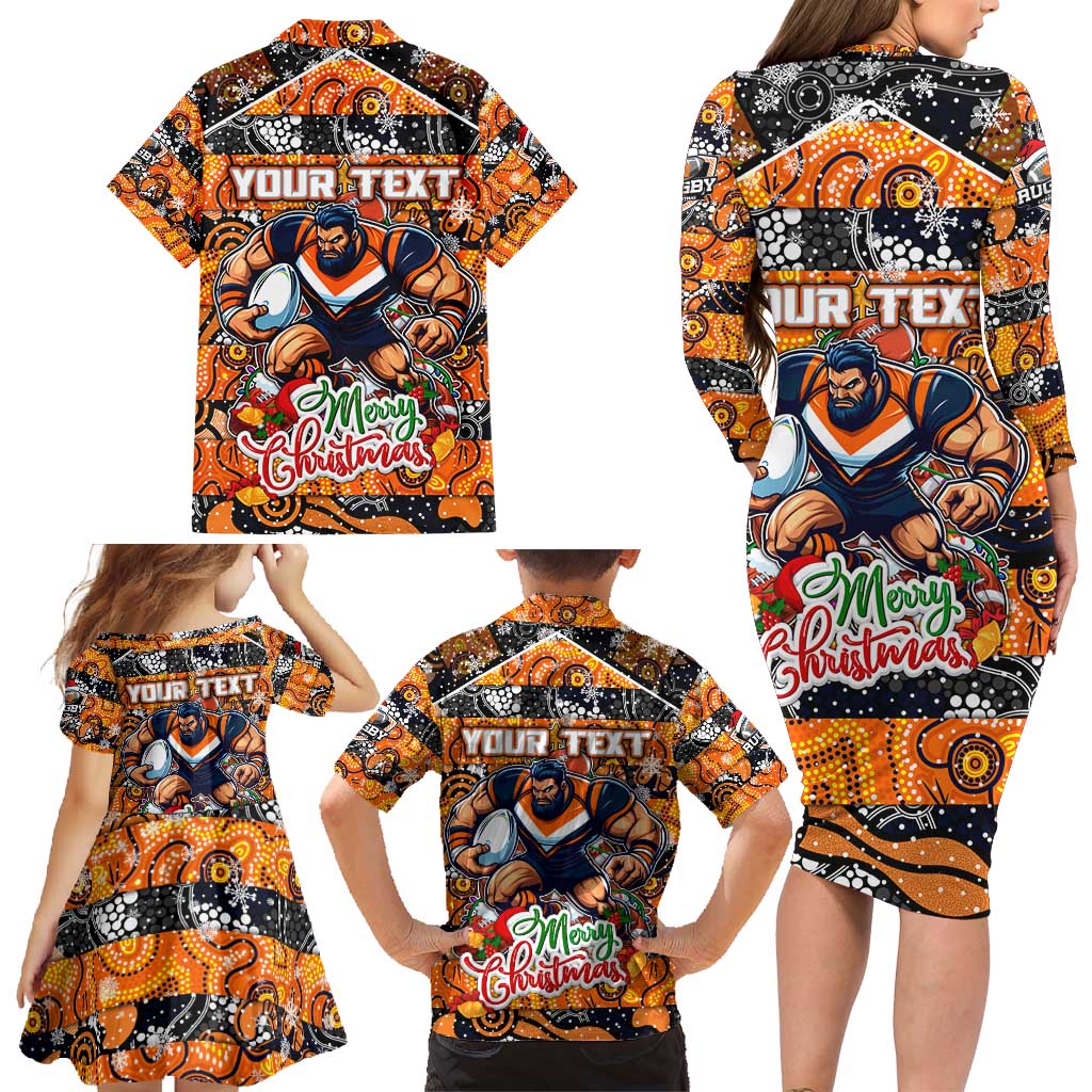 Custom Giants Rugby Merry Christmas Family Matching Long Sleeve Bodycon Dress and Hawaiian Shirt Indigenous Australian Art