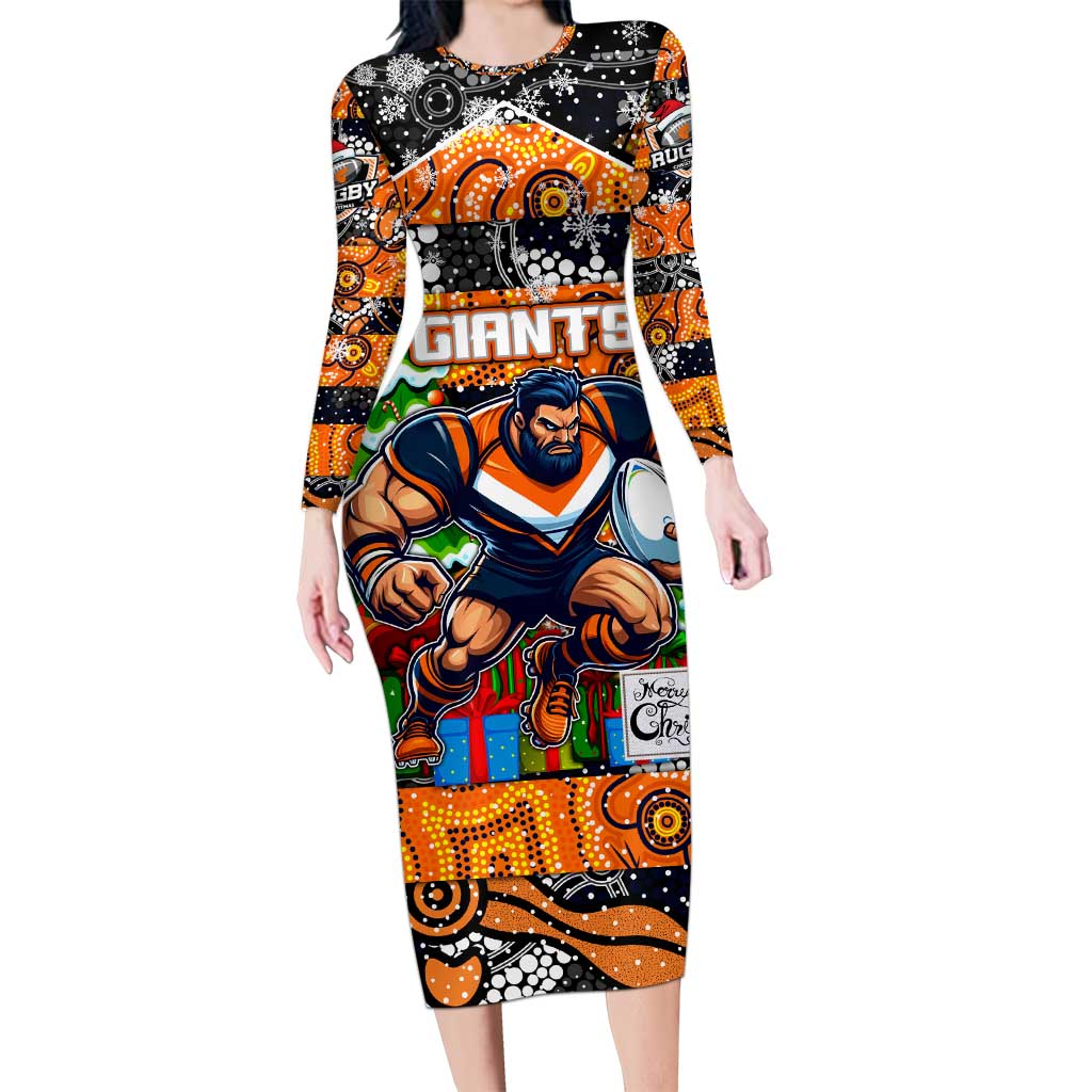 Custom Giants Rugby Merry Christmas Family Matching Long Sleeve Bodycon Dress and Hawaiian Shirt Indigenous Australian Art