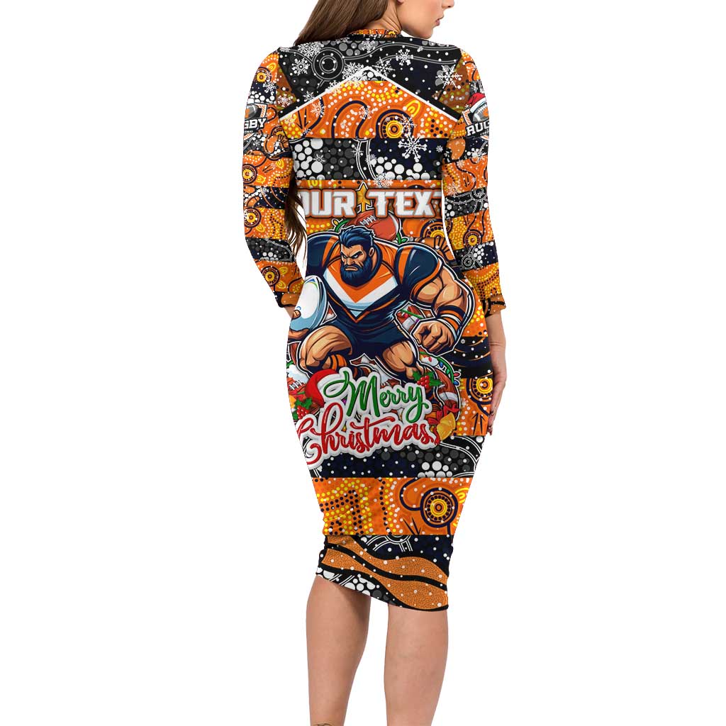Custom Giants Rugby Merry Christmas Family Matching Long Sleeve Bodycon Dress and Hawaiian Shirt Indigenous Australian Art