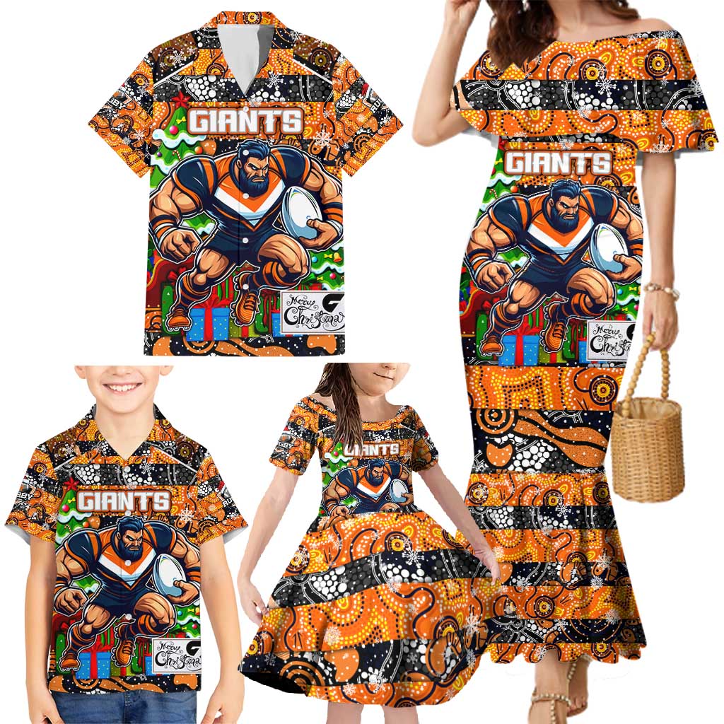 Custom Giants Rugby Merry Christmas Family Matching Mermaid Dress and Hawaiian Shirt Indigenous Australian Art
