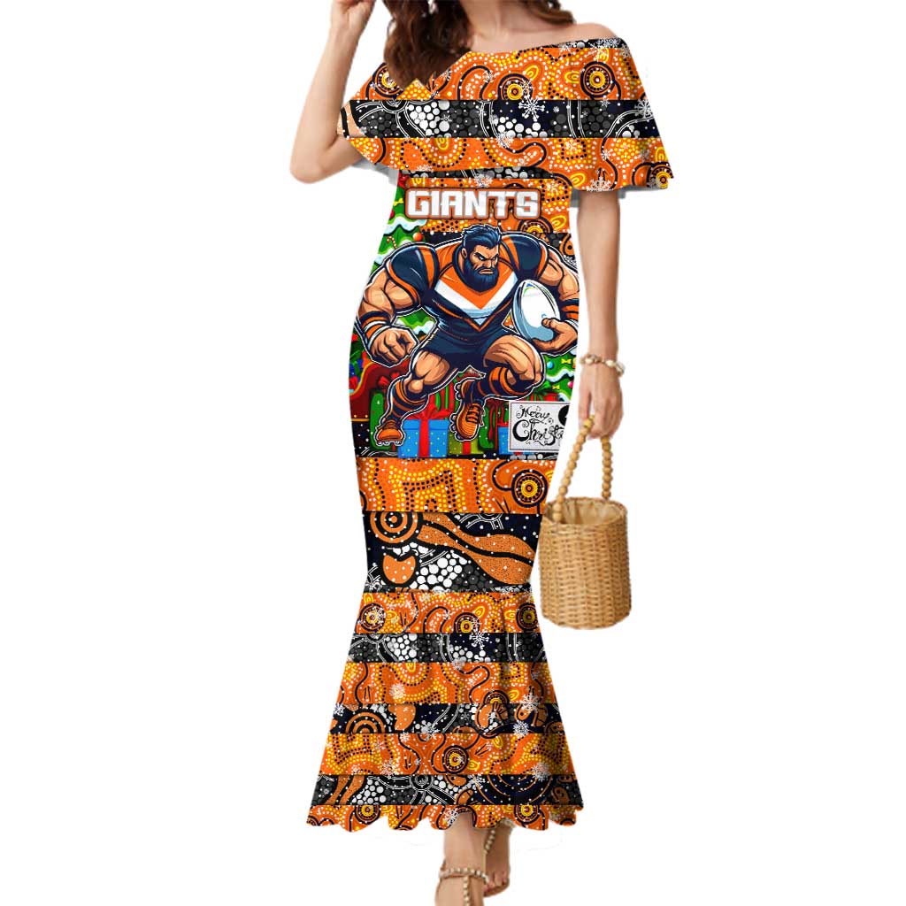Custom Giants Rugby Merry Christmas Family Matching Mermaid Dress and Hawaiian Shirt Indigenous Australian Art