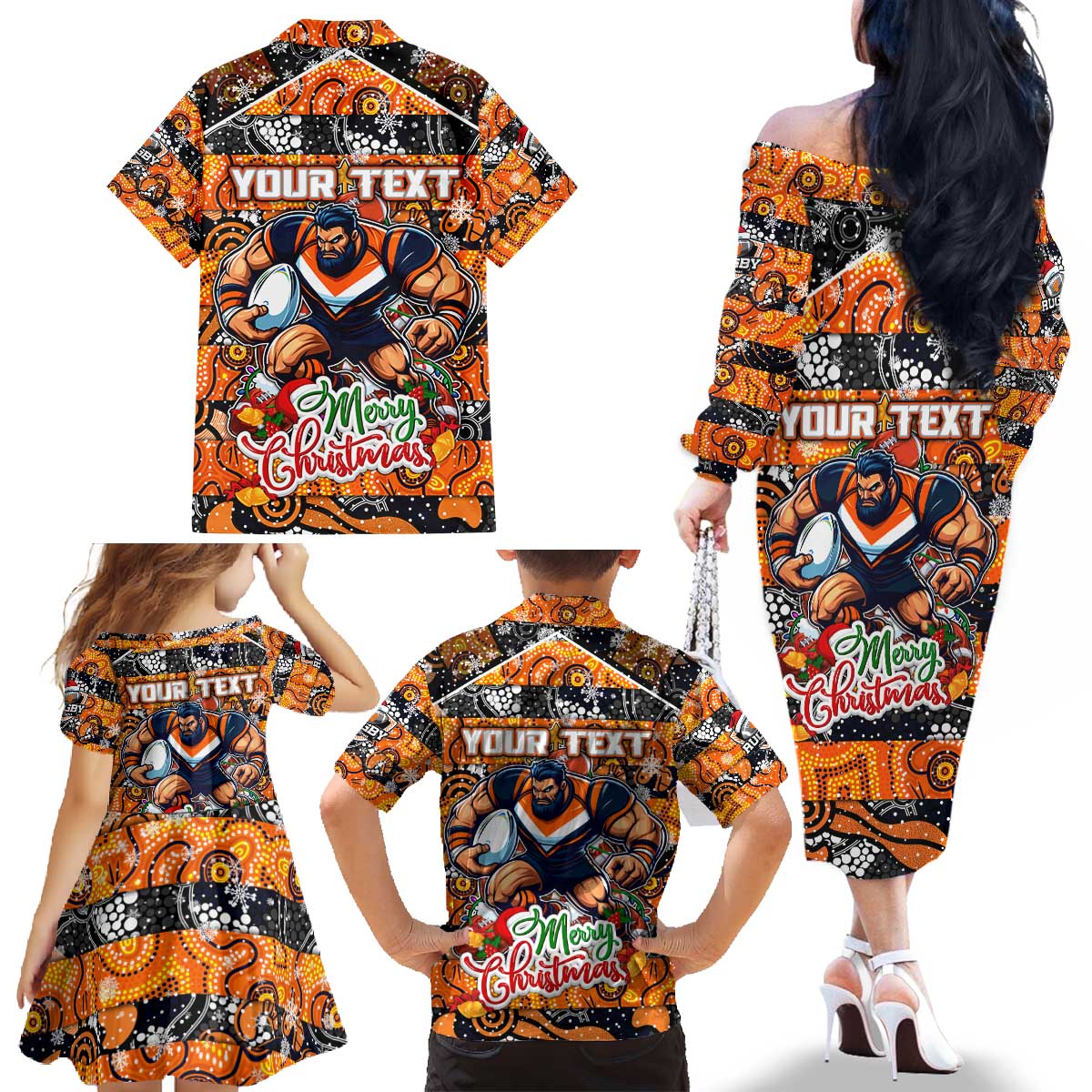 Custom Giants Rugby Merry Christmas Family Matching Off The Shoulder Long Sleeve Dress and Hawaiian Shirt Indigenous Australian Art