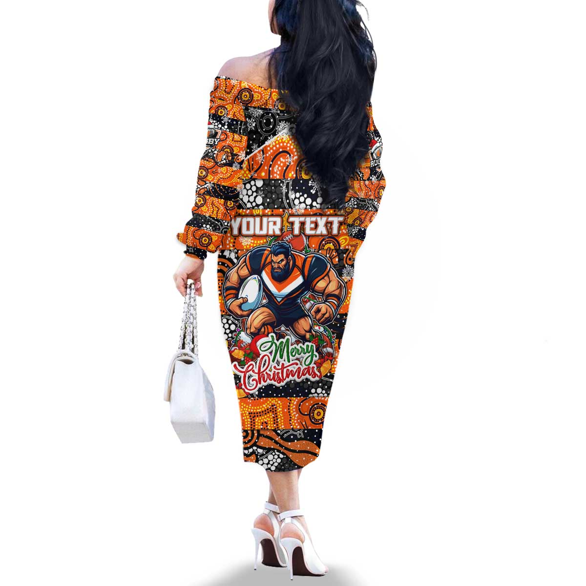 Custom Giants Rugby Merry Christmas Family Matching Off The Shoulder Long Sleeve Dress and Hawaiian Shirt Indigenous Australian Art