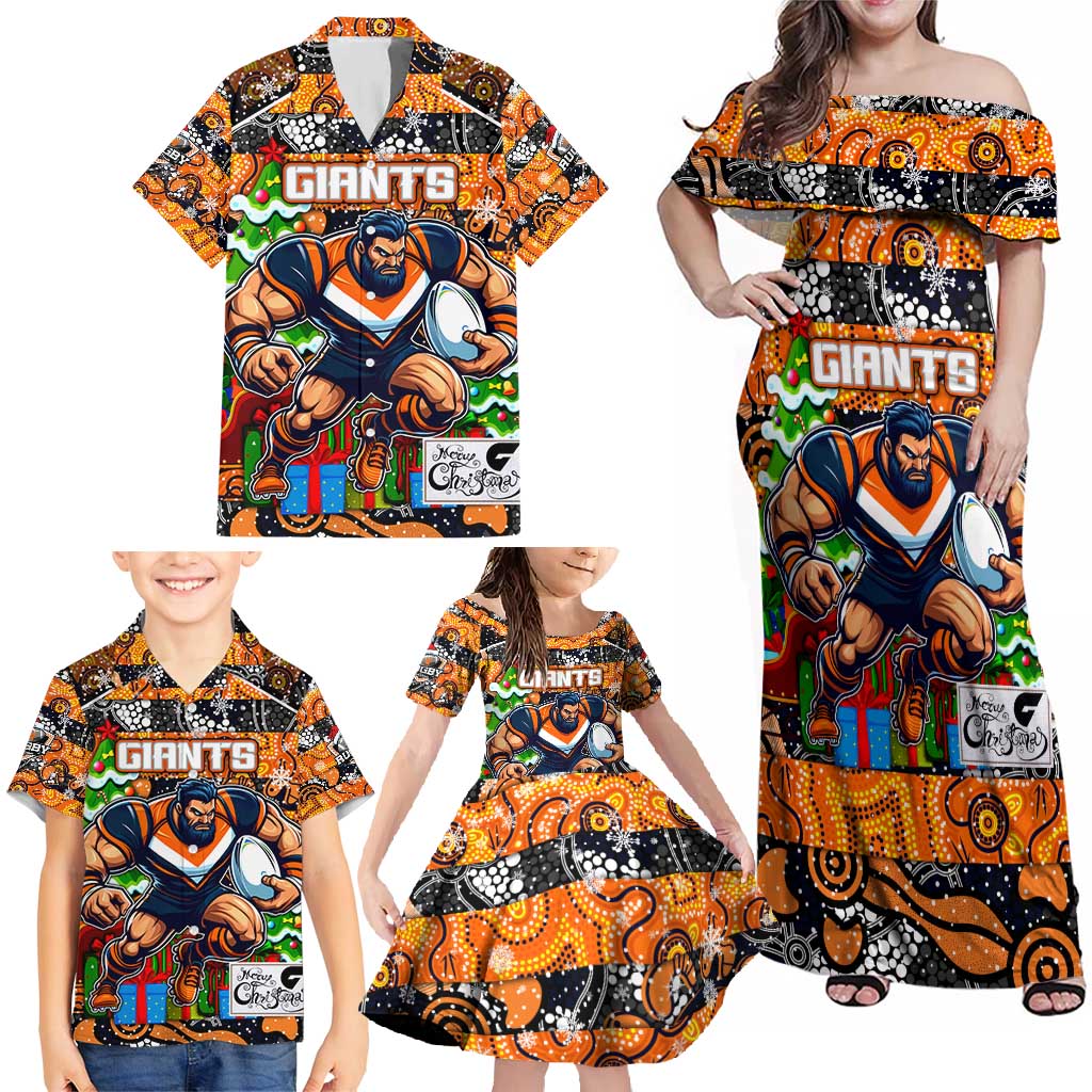 Custom Giants Rugby Merry Christmas Family Matching Off Shoulder Maxi Dress and Hawaiian Shirt Indigenous Australian Art