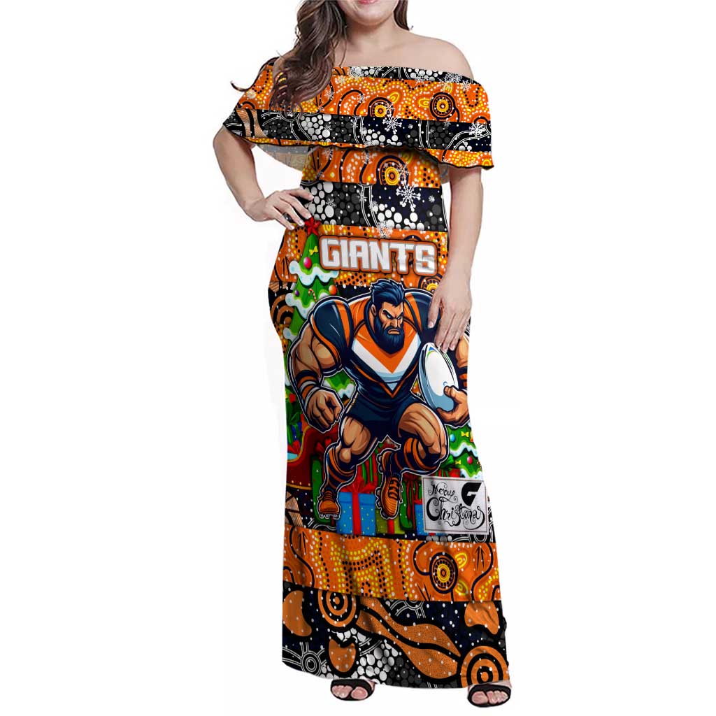 Custom Giants Rugby Merry Christmas Family Matching Off Shoulder Maxi Dress and Hawaiian Shirt Indigenous Australian Art