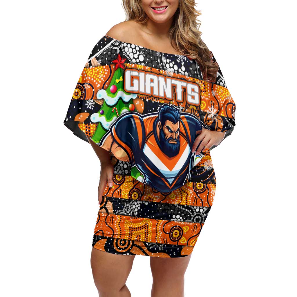 Custom Giants Rugby Merry Christmas Family Matching Off Shoulder Short Dress and Hawaiian Shirt Indigenous Australian Art