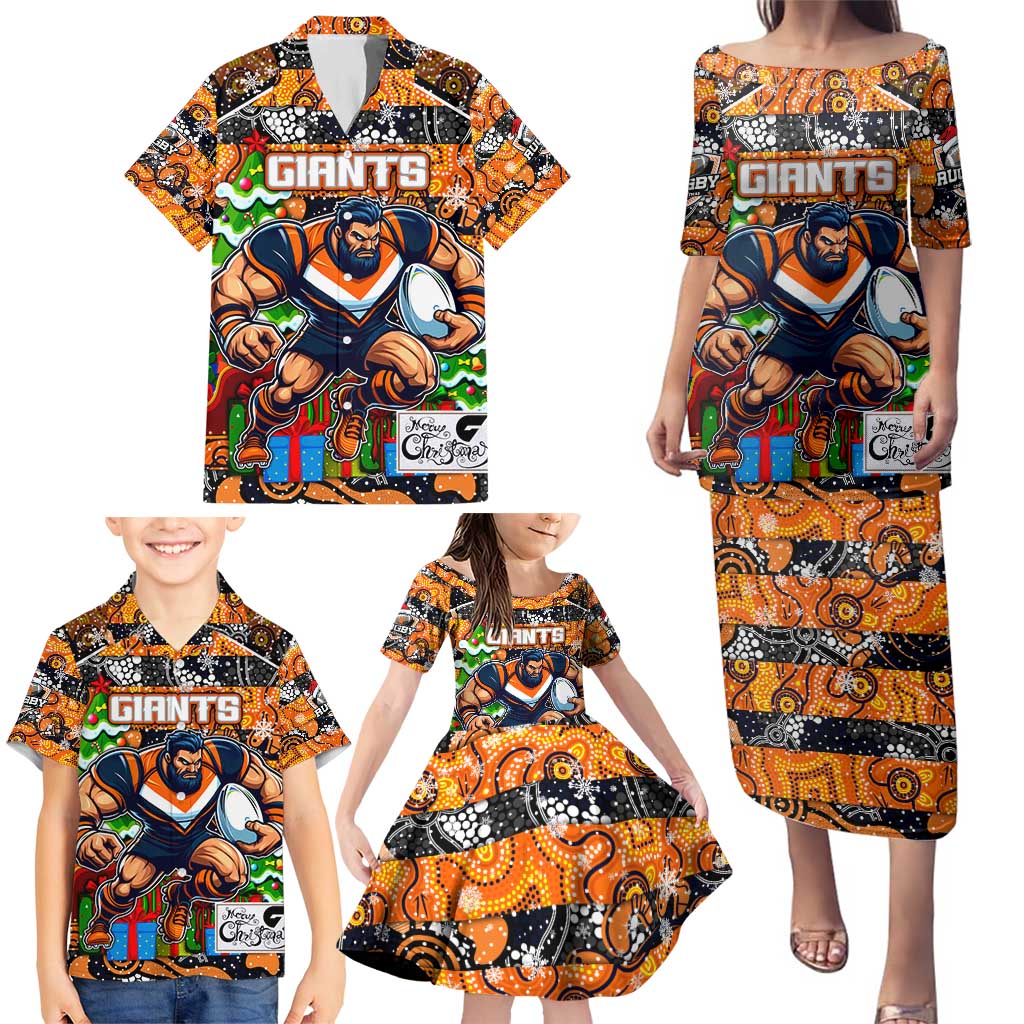Custom Giants Rugby Merry Christmas Family Matching Puletasi and Hawaiian Shirt Indigenous Australian Art