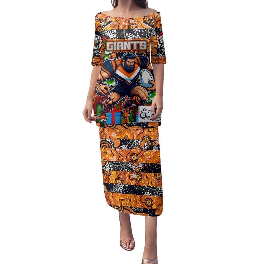 Custom Giants Rugby Merry Christmas Family Matching Puletasi and Hawaiian Shirt Indigenous Australian Art