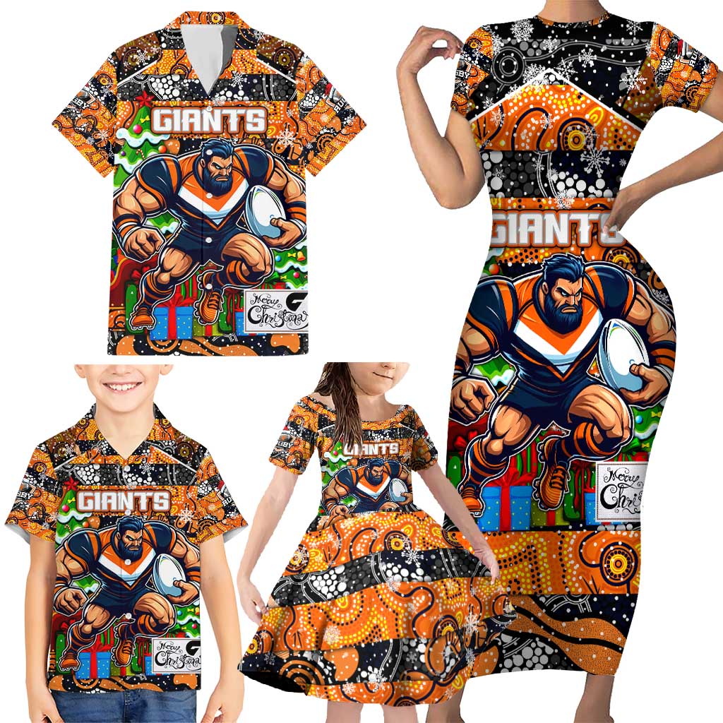 Custom Giants Rugby Merry Christmas Family Matching Short Sleeve Bodycon Dress and Hawaiian Shirt Indigenous Australian Art