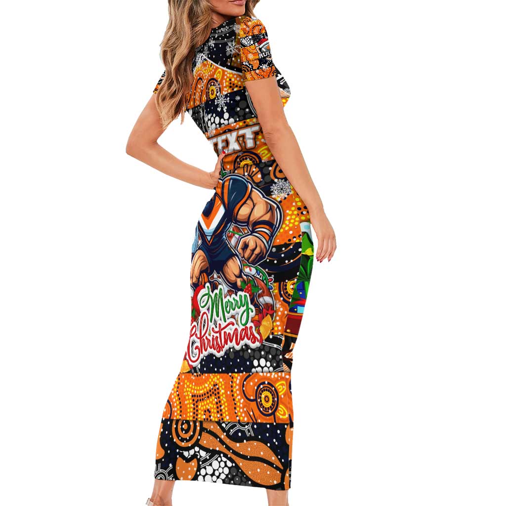 Custom Giants Rugby Merry Christmas Family Matching Short Sleeve Bodycon Dress and Hawaiian Shirt Indigenous Australian Art