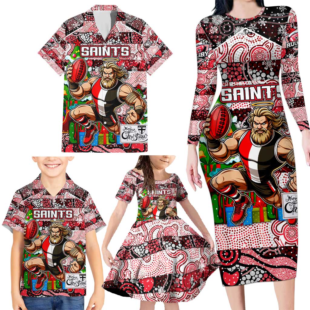 Custom Saints Rugby Merry Christmas Family Matching Long Sleeve Bodycon Dress and Hawaiian Shirt Indigenous Australian Art