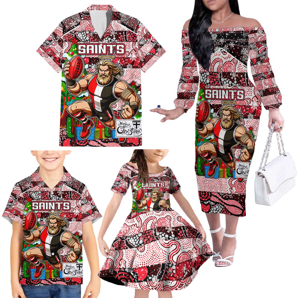Custom Saints Rugby Merry Christmas Family Matching Off The Shoulder Long Sleeve Dress and Hawaiian Shirt Indigenous Australian Art