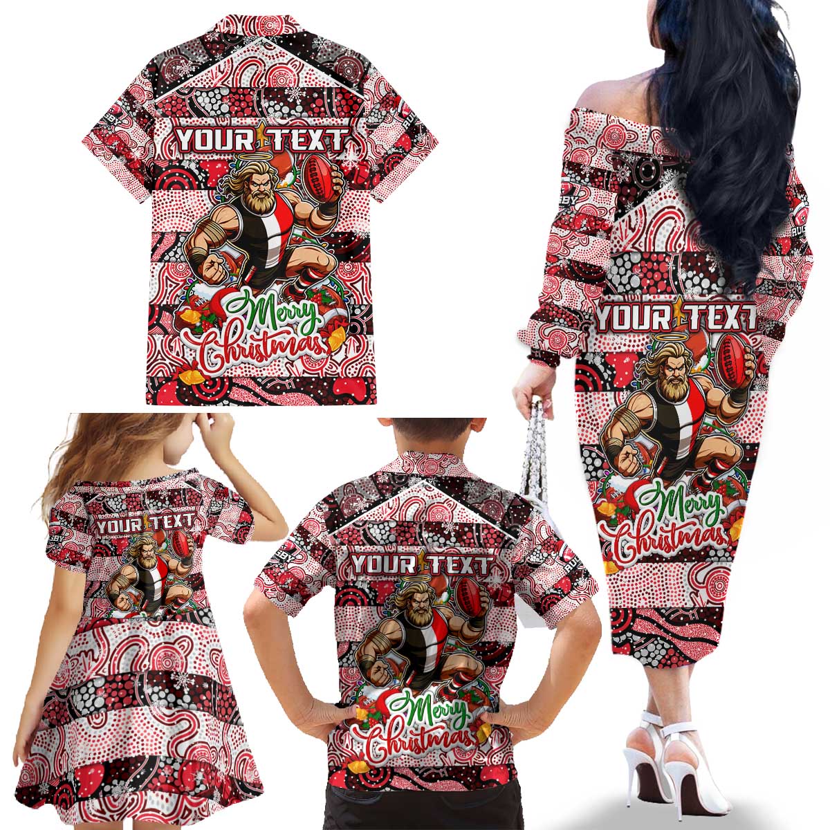 Custom Saints Rugby Merry Christmas Family Matching Off The Shoulder Long Sleeve Dress and Hawaiian Shirt Indigenous Australian Art