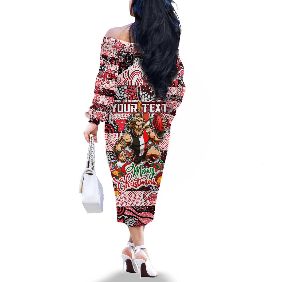 Custom Saints Rugby Merry Christmas Family Matching Off The Shoulder Long Sleeve Dress and Hawaiian Shirt Indigenous Australian Art