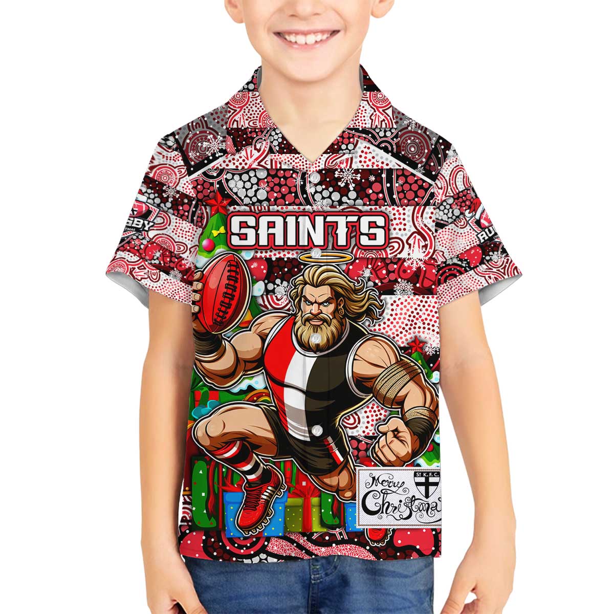 Custom Saints Rugby Merry Christmas Family Matching Off The Shoulder Long Sleeve Dress and Hawaiian Shirt Indigenous Australian Art