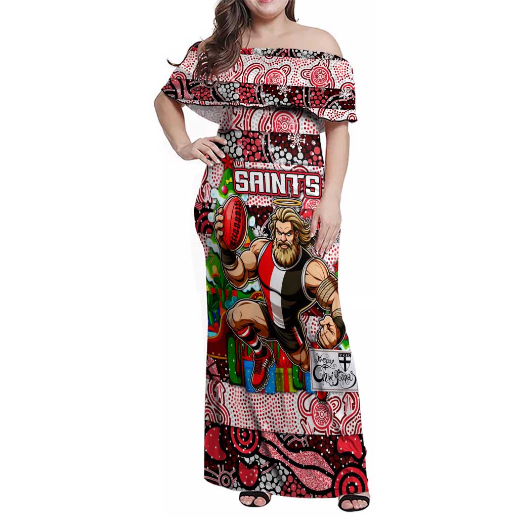 Custom Saints Rugby Merry Christmas Family Matching Off Shoulder Maxi Dress and Hawaiian Shirt Indigenous Australian Art