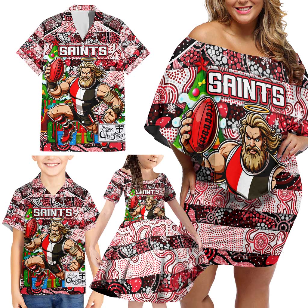 Custom Saints Rugby Merry Christmas Family Matching Off Shoulder Short Dress and Hawaiian Shirt Indigenous Australian Art