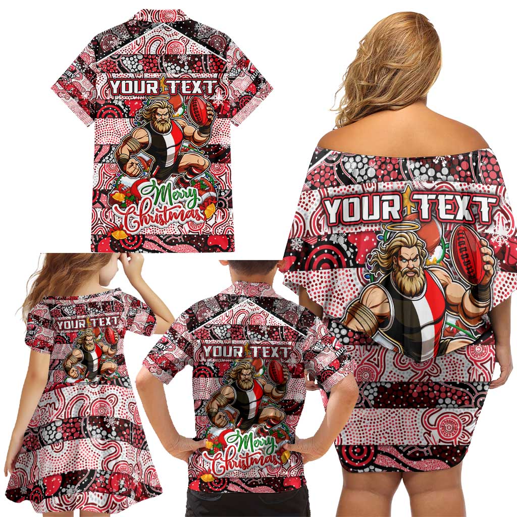 Custom Saints Rugby Merry Christmas Family Matching Off Shoulder Short Dress and Hawaiian Shirt Indigenous Australian Art