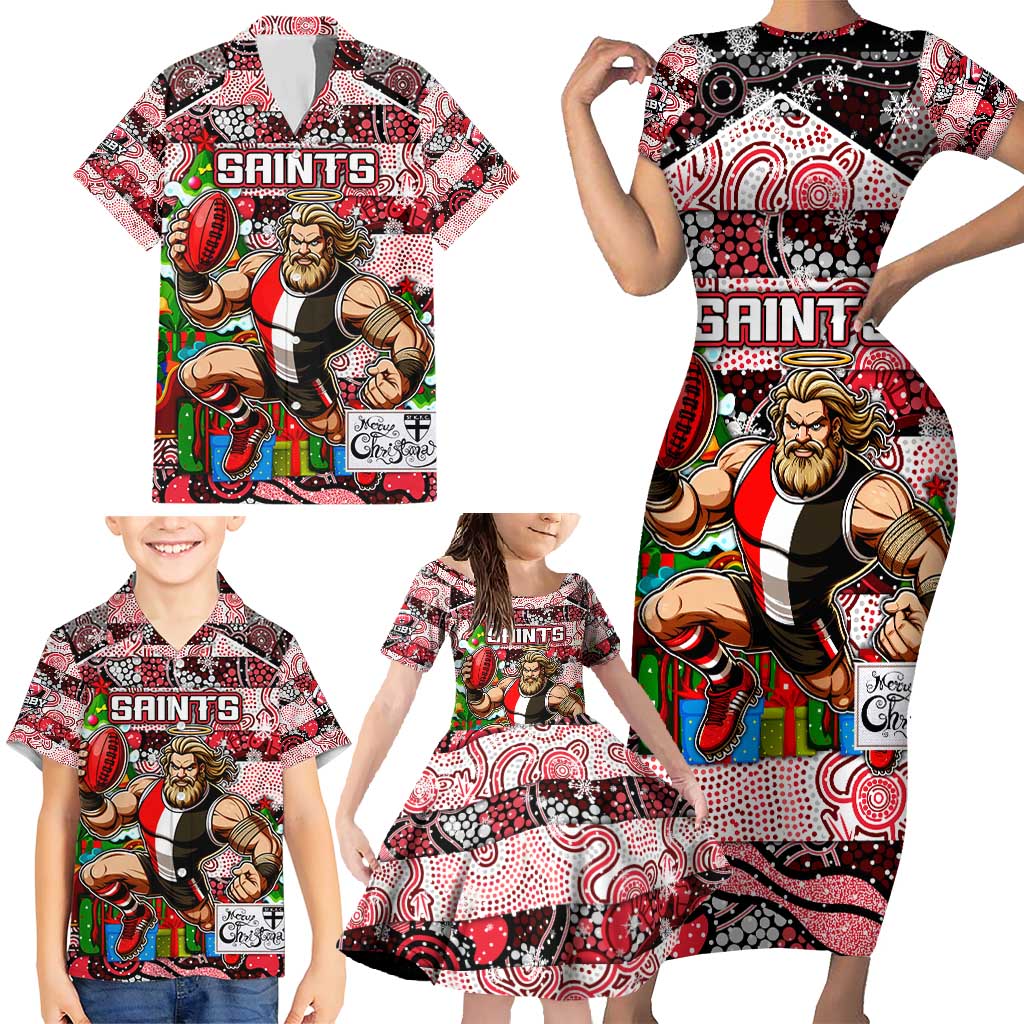 Custom Saints Rugby Merry Christmas Family Matching Short Sleeve Bodycon Dress and Hawaiian Shirt Indigenous Australian Art