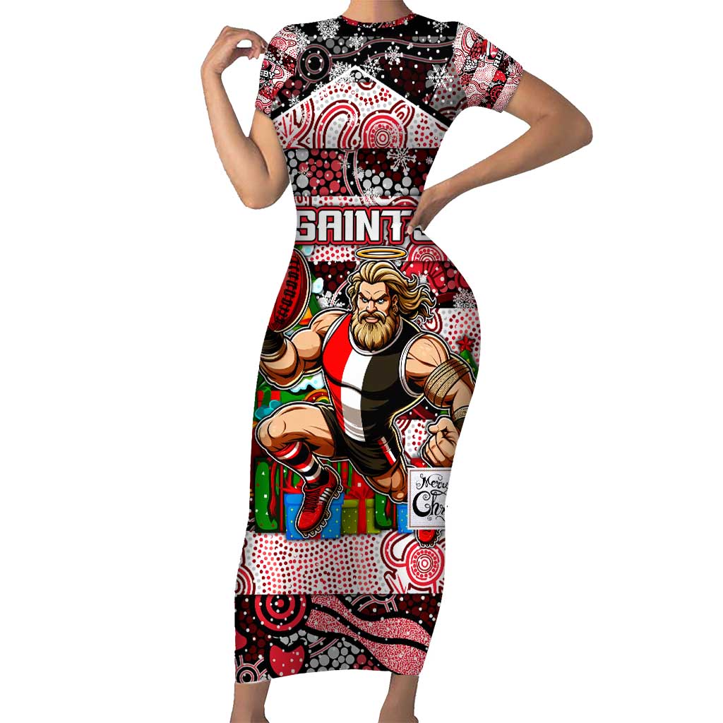 Custom Saints Rugby Merry Christmas Family Matching Short Sleeve Bodycon Dress and Hawaiian Shirt Indigenous Australian Art