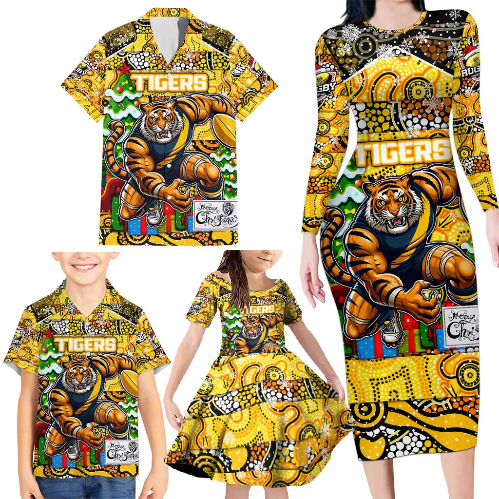 Custom Richmond Tigers Football Merry Christmas Family Matching Long Sleeve Bodycon Dress and Hawaiian Shirt Indigenous Australian Art