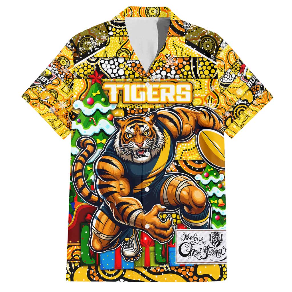 Custom Richmond Tigers Football Merry Christmas Family Matching Long Sleeve Bodycon Dress and Hawaiian Shirt Indigenous Australian Art