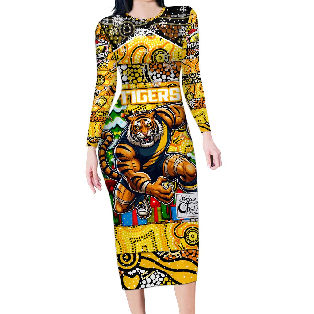 Custom Richmond Tigers Football Merry Christmas Family Matching Long Sleeve Bodycon Dress and Hawaiian Shirt Indigenous Australian Art