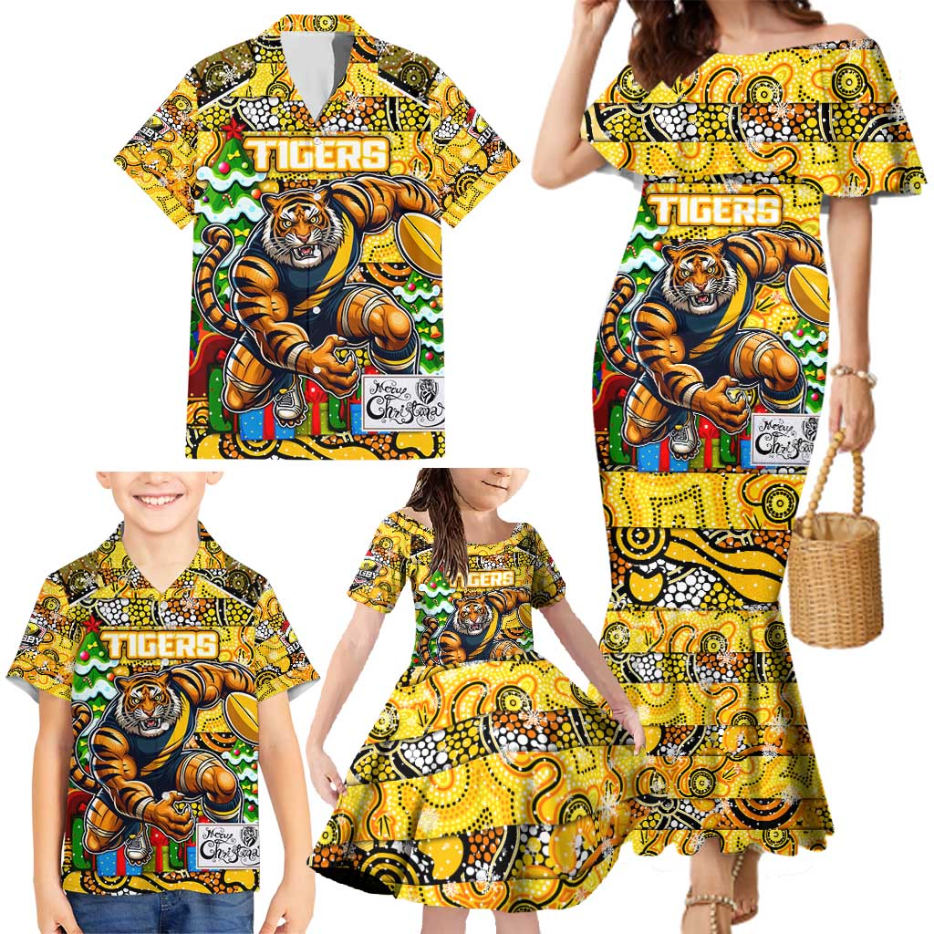 Custom Richmond Tigers Football Merry Christmas Family Matching Mermaid Dress and Hawaiian Shirt Indigenous Australian Art
