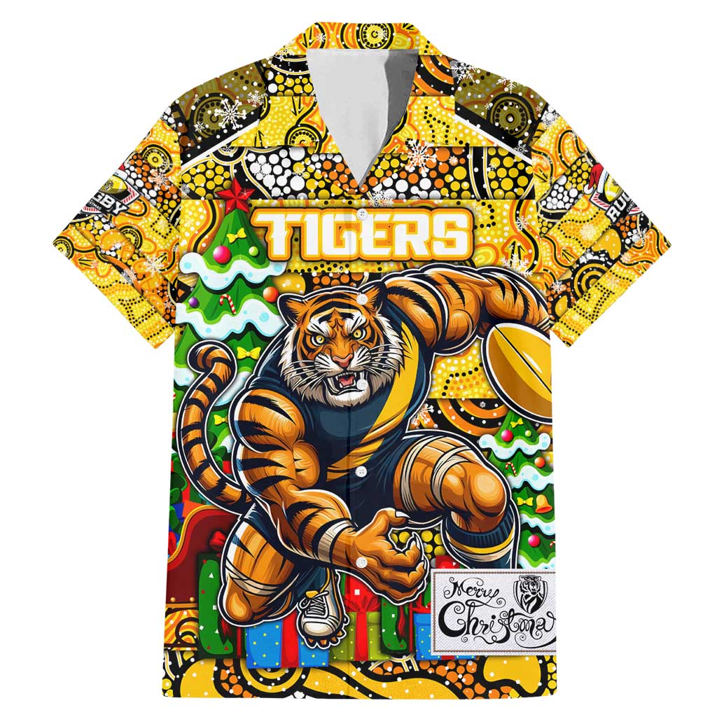 Custom Richmond Tigers Football Merry Christmas Family Matching Mermaid Dress and Hawaiian Shirt Indigenous Australian Art
