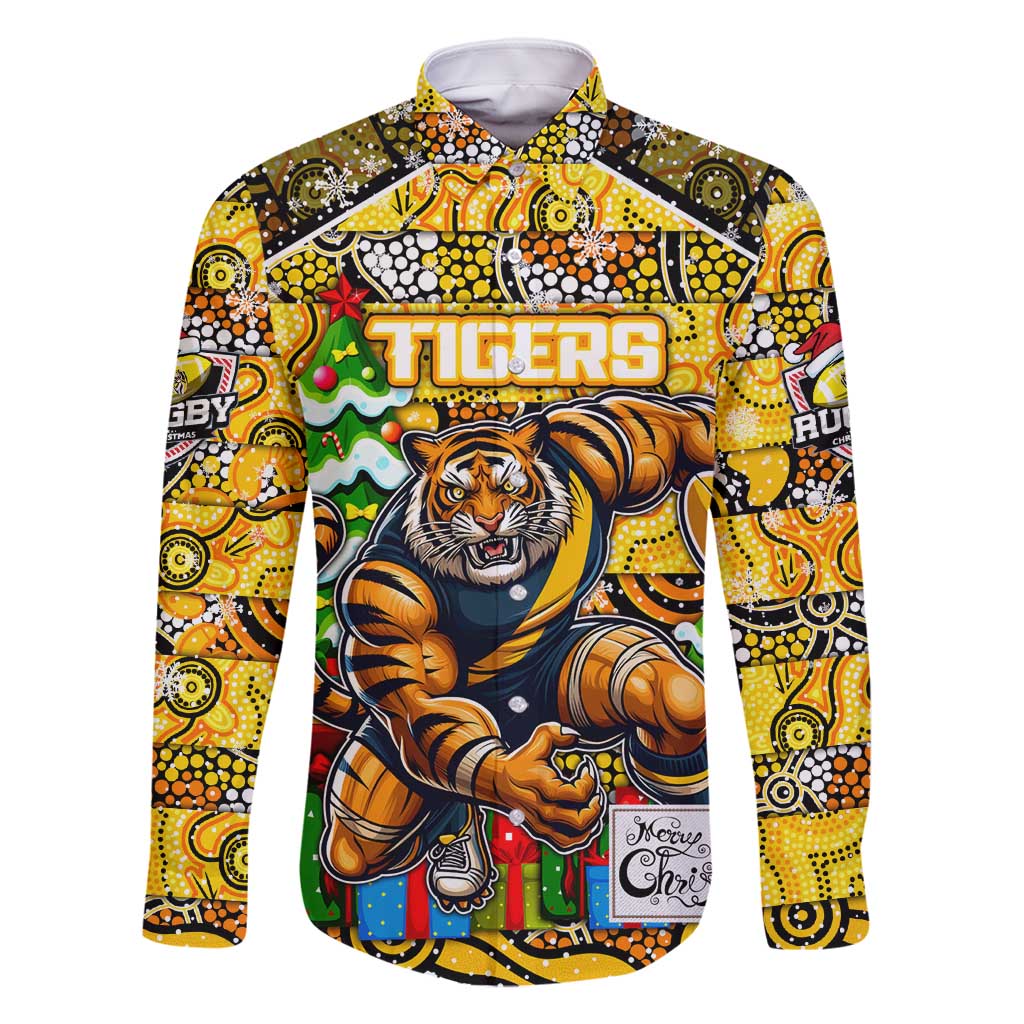 Custom Richmond Tigers Football Merry Christmas Family Matching Mermaid Dress and Hawaiian Shirt Indigenous Australian Art