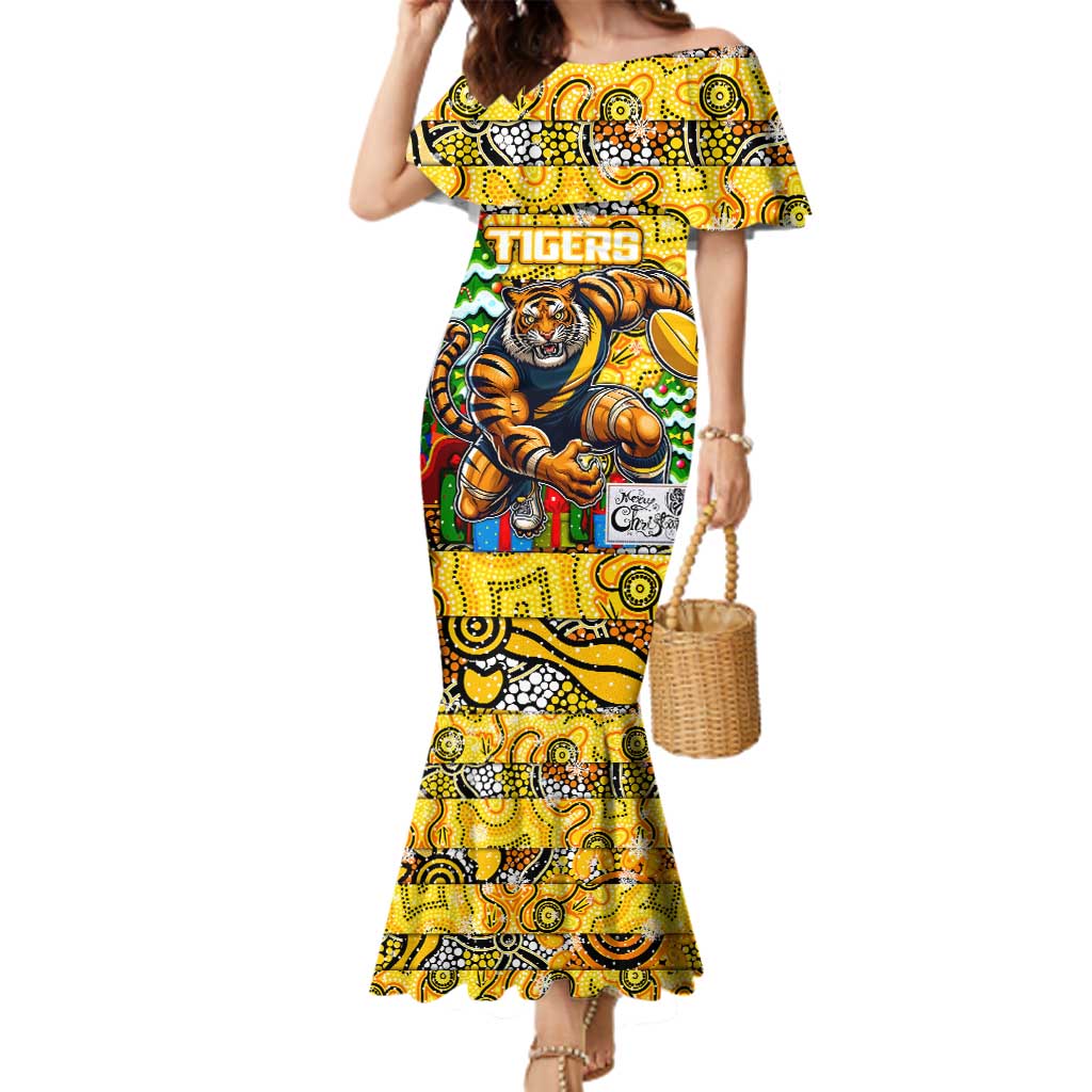 Custom Richmond Tigers Football Merry Christmas Family Matching Mermaid Dress and Hawaiian Shirt Indigenous Australian Art