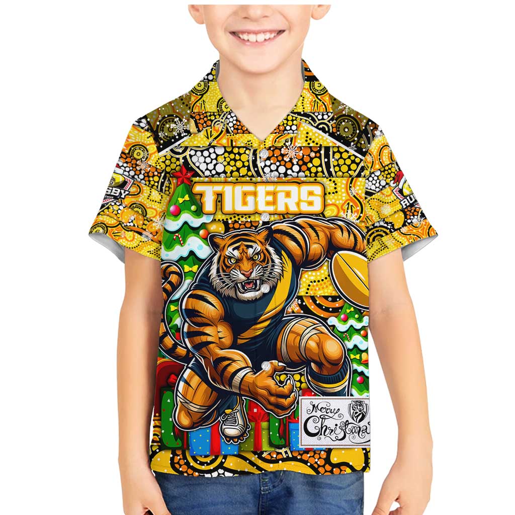Custom Richmond Tigers Football Merry Christmas Family Matching Mermaid Dress and Hawaiian Shirt Indigenous Australian Art