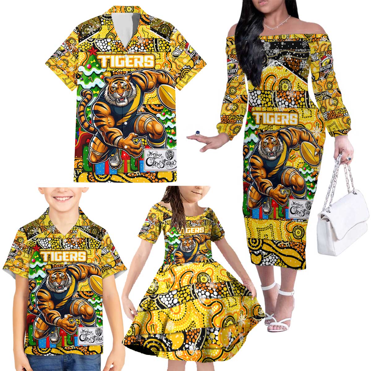 Custom Richmond Tigers Football Merry Christmas Family Matching Off The Shoulder Long Sleeve Dress and Hawaiian Shirt Indigenous Australian Art