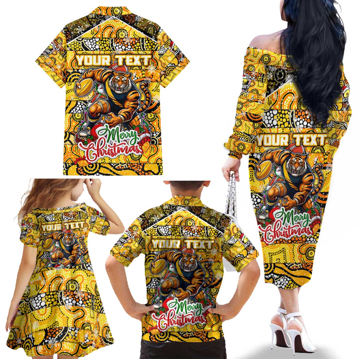 Custom Richmond Tigers Football Merry Christmas Family Matching Off The Shoulder Long Sleeve Dress and Hawaiian Shirt Indigenous Australian Art