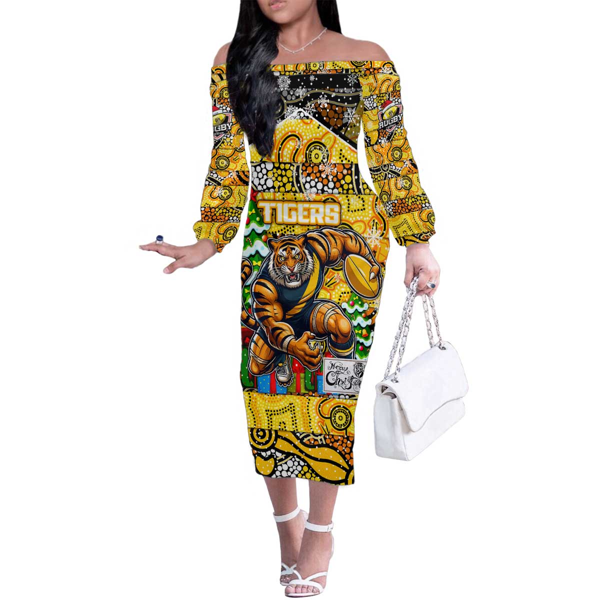 Custom Richmond Tigers Football Merry Christmas Family Matching Off The Shoulder Long Sleeve Dress and Hawaiian Shirt Indigenous Australian Art