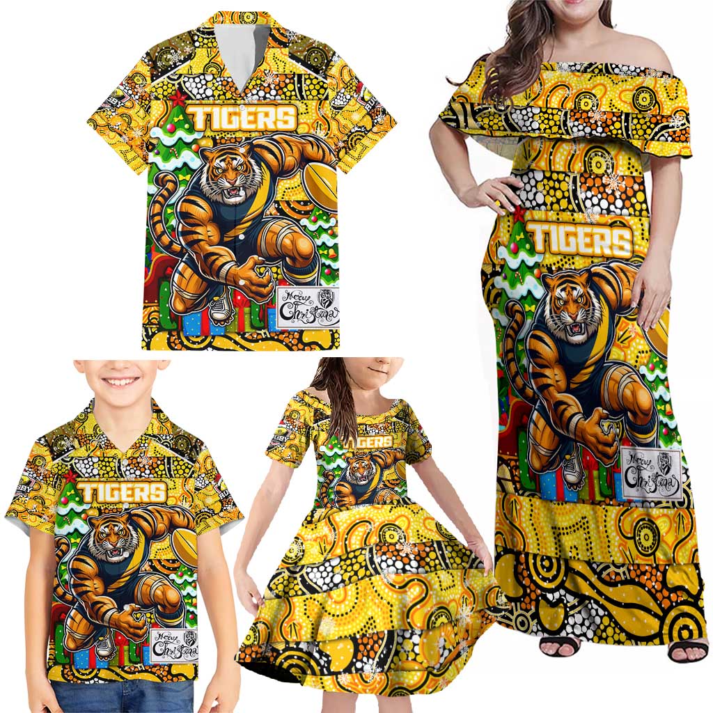 Custom Richmond Tigers Football Merry Christmas Family Matching Off Shoulder Maxi Dress and Hawaiian Shirt Indigenous Australian Art