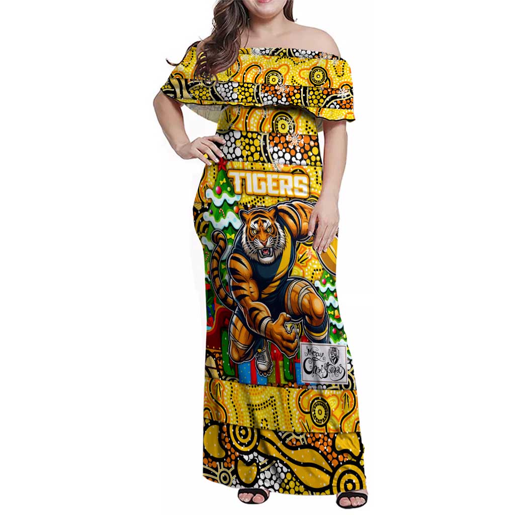 Custom Richmond Tigers Football Merry Christmas Family Matching Off Shoulder Maxi Dress and Hawaiian Shirt Indigenous Australian Art