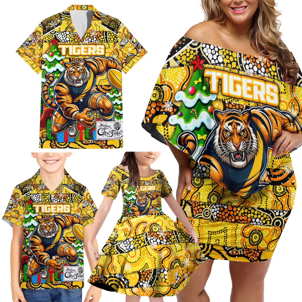 Custom Richmond Tigers Football Merry Christmas Family Matching Off Shoulder Short Dress and Hawaiian Shirt Indigenous Australian Art