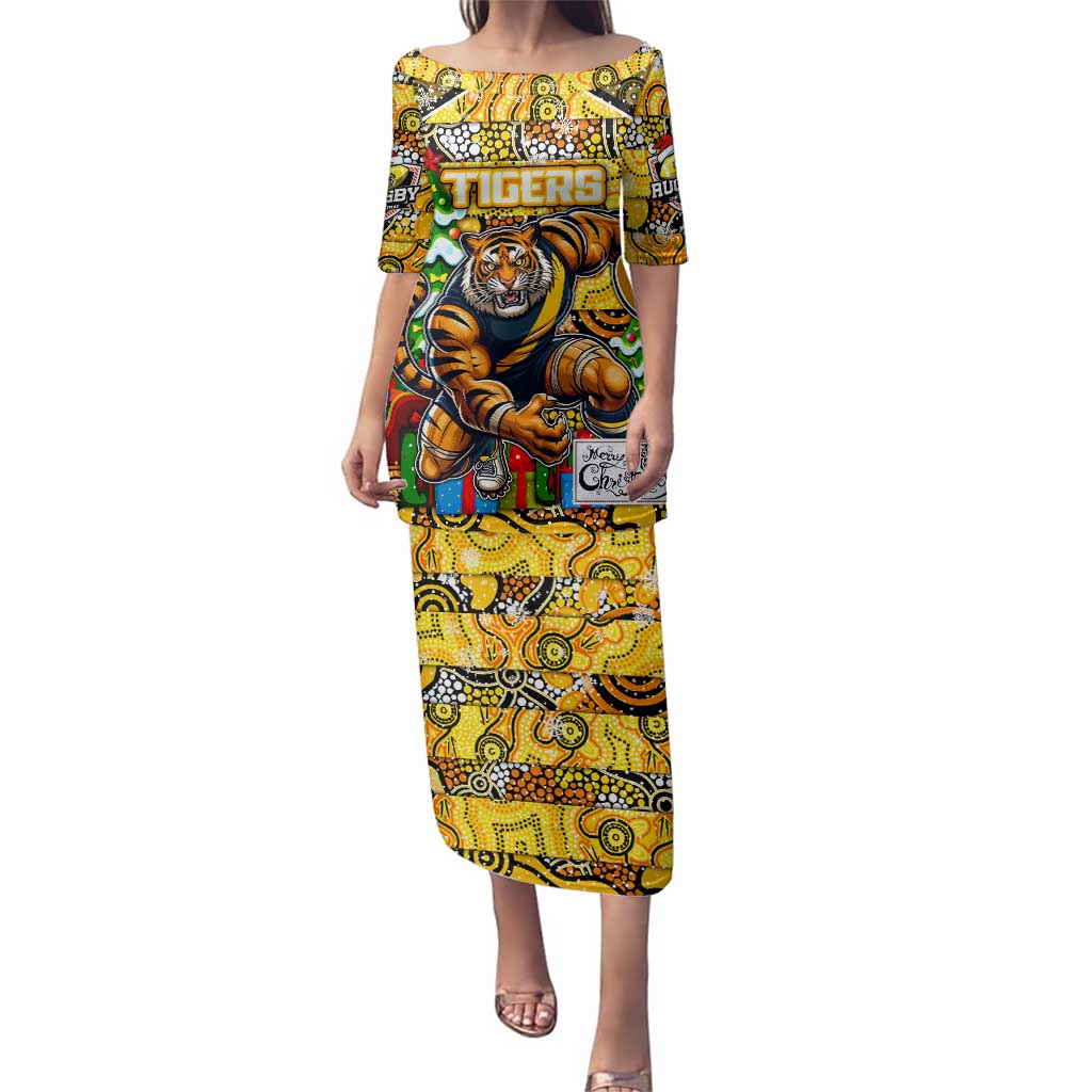 Custom Richmond Tigers Football Merry Christmas Family Matching Puletasi and Hawaiian Shirt Indigenous Australian Art