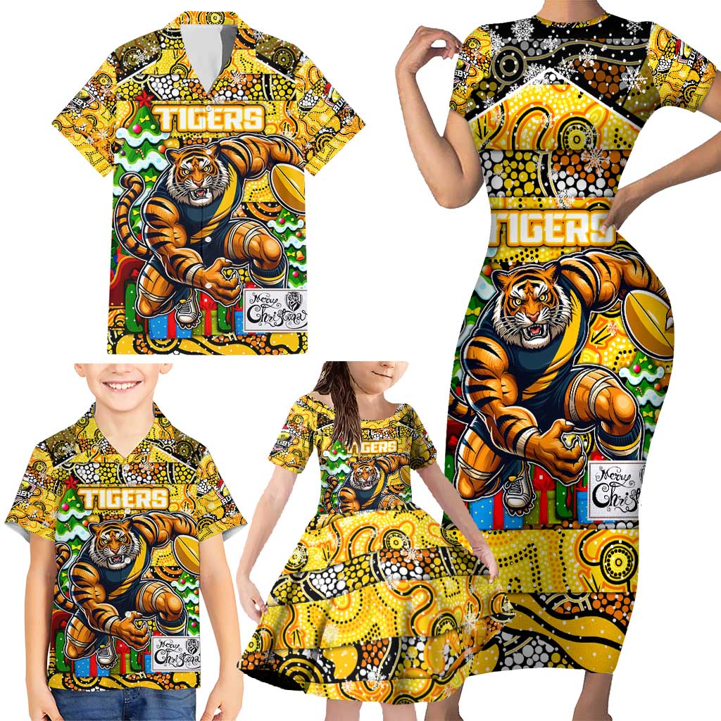 Custom Richmond Tigers Football Merry Christmas Family Matching Short Sleeve Bodycon Dress and Hawaiian Shirt Indigenous Australian Art