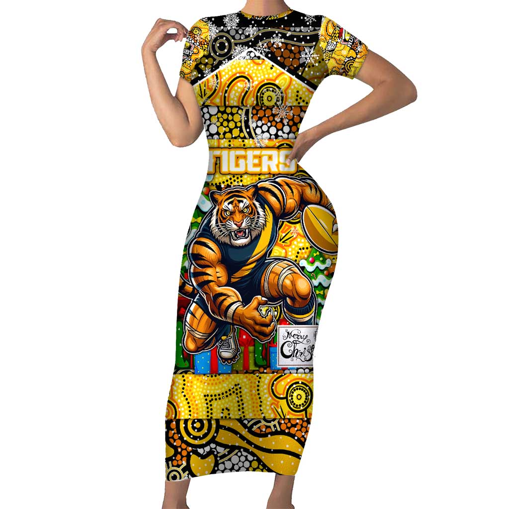 Custom Richmond Tigers Football Merry Christmas Family Matching Short Sleeve Bodycon Dress and Hawaiian Shirt Indigenous Australian Art