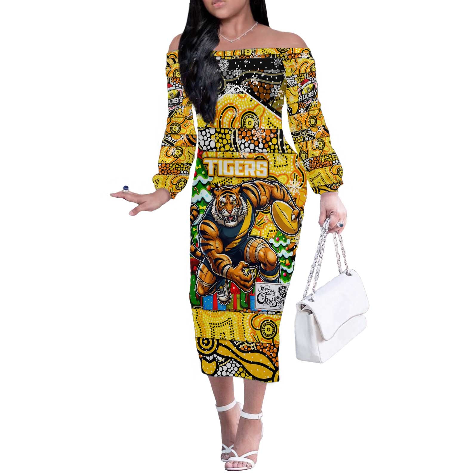 Custom Richmond Tigers Football Merry Christmas Off The Shoulder Long Sleeve Dress Indigenous Australian Art